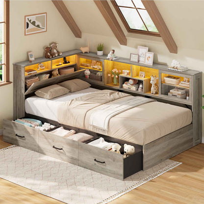 AOGLLATI Twin Corner Bed Frame with 3 Storage Drawers and Acrylic Sliding Door LED Daybed with 2 Tier Side Bookshelves and Hidden Headboard and Charging Station