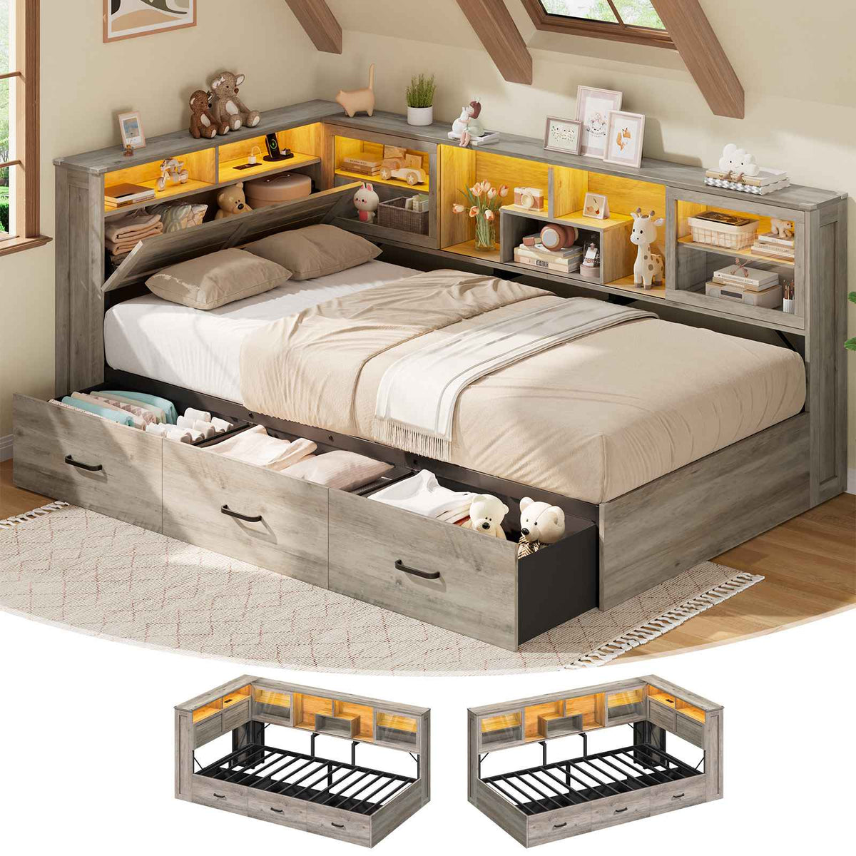 AOGLLATI Twin Corner Bed Frame with 3 Storage Drawers and Acrylic Sliding Door LED Daybed with 2 Tier Side Bookshelves and Hidden Headboard and Charging Station