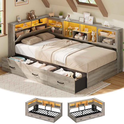 AOGLLATI Twin Corner Bed Frame with 3 Storage Drawers and Acrylic Sliding Door LED Daybed with 2 Tier Side Bookshelves and Hidden Headboard and Charging Station