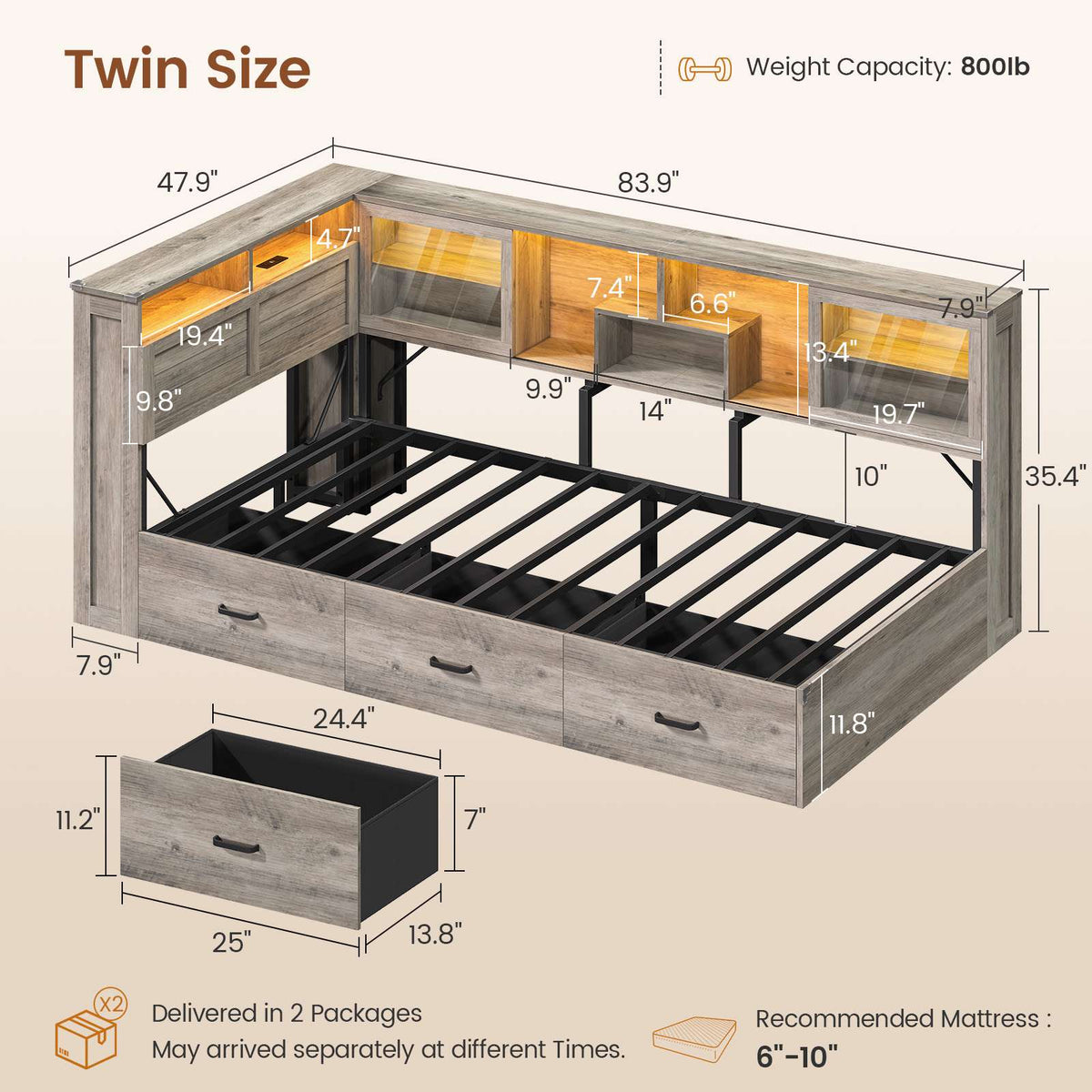 AOGLLATI Twin Corner Bed Frame with 3 Storage Drawers and Acrylic Sliding Door LED Daybed with 2 Tier Side Bookshelves and Hidden Headboard and Charging Station