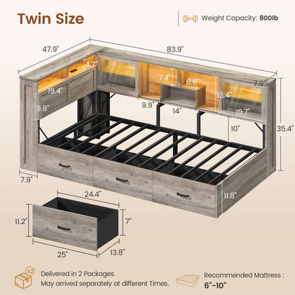 AOGLLATI Twin Corner Bed Frame with 3 Storage Drawers and Acrylic Sliding Door LED Daybed with 2 Tier Side Bookshelves and Hidden Headboard and Charging Station