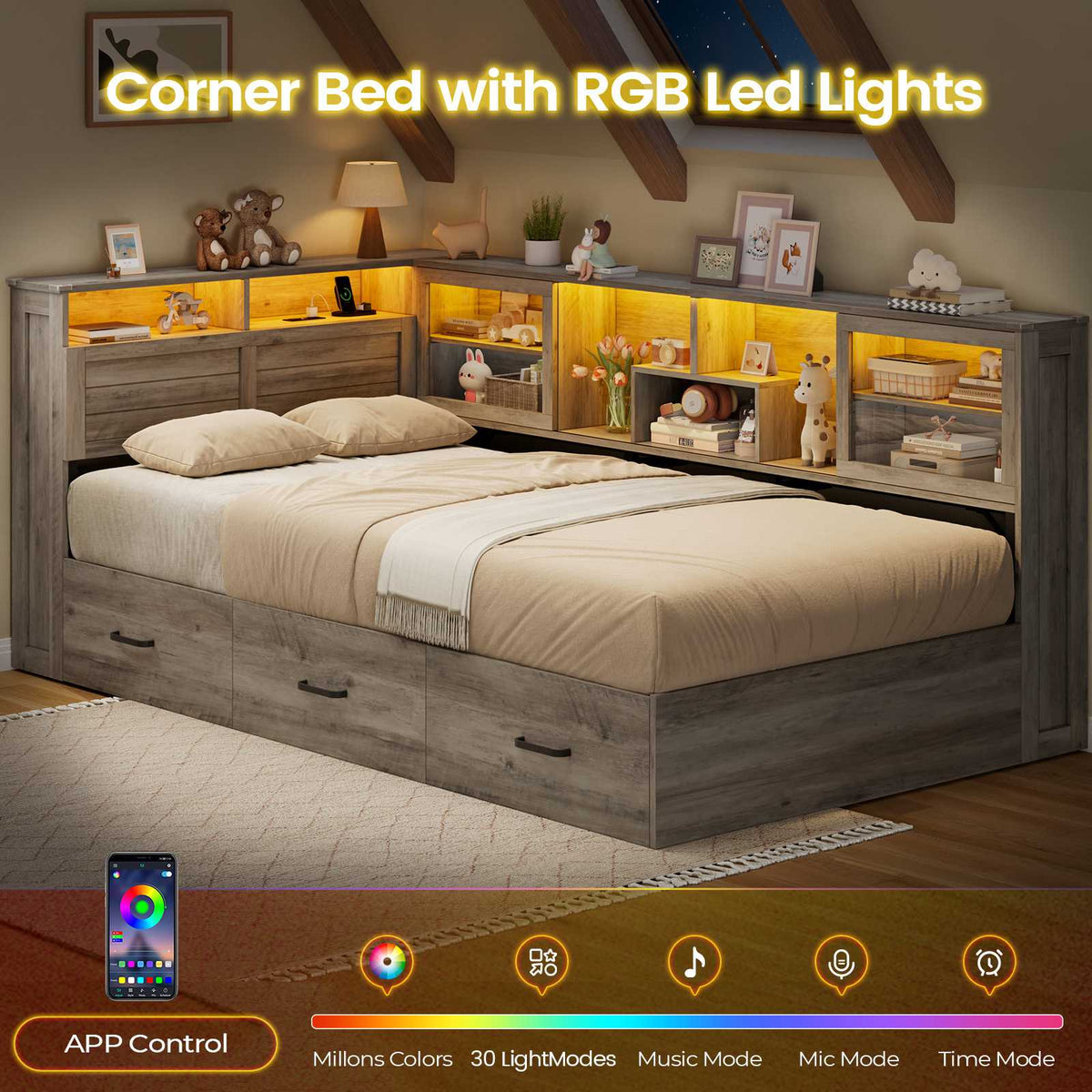 AOGLLATI Twin Corner Bed Frame with 3 Storage Drawers and Acrylic Sliding Door LED Daybed with 2 Tier Side Bookshelves and Hidden Headboard and Charging Station