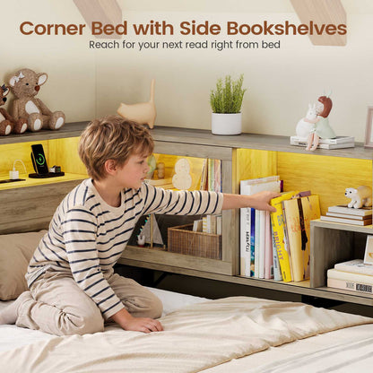 AOGLLATI Twin Corner Bed Frame with 3 Storage Drawers and Acrylic Sliding Door LED Daybed with 2 Tier Side Bookshelves and Hidden Headboard and Charging Station
