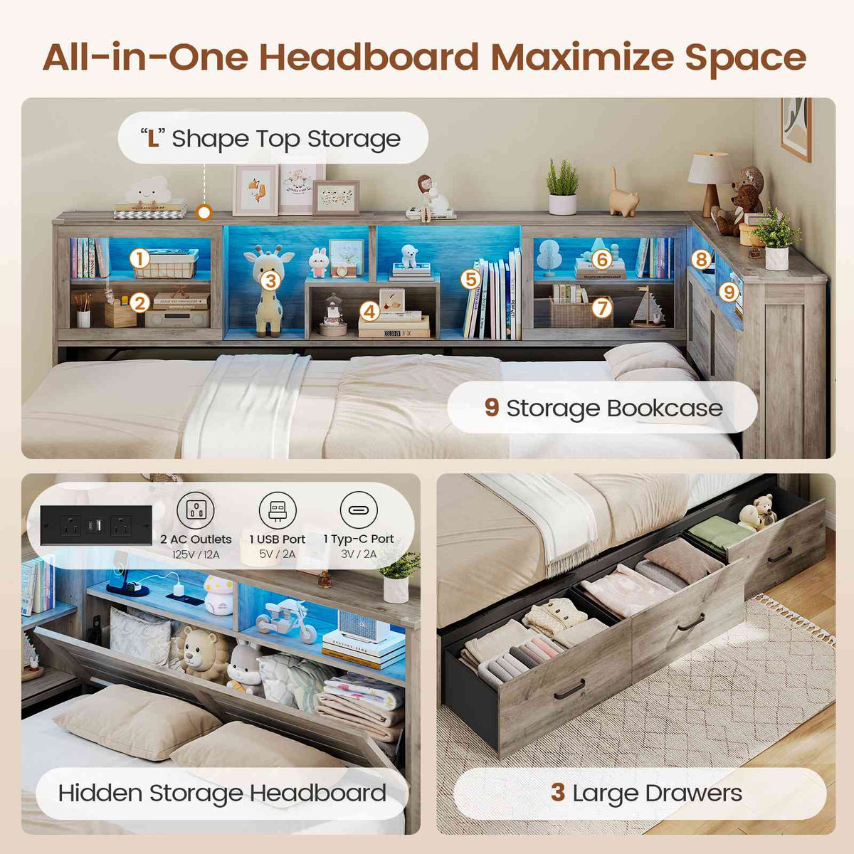 AOGLLATI Twin Corner Bed Frame with 3 Storage Drawers and Acrylic Sliding Door LED Daybed with 2 Tier Side Bookshelves and Hidden Headboard and Charging Station
