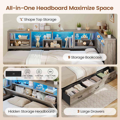 AOGLLATI Twin Corner Bed Frame with 3 Storage Drawers and Acrylic Sliding Door LED Daybed with 2 Tier Side Bookshelves and Hidden Headboard and Charging Station