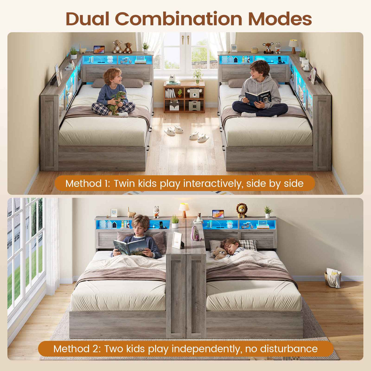AOGLLATI Twin Corner Bed Frame with 3 Storage Drawers and Acrylic Sliding Door LED Daybed with 2 Tier Side Bookshelves and Hidden Headboard and Charging Station