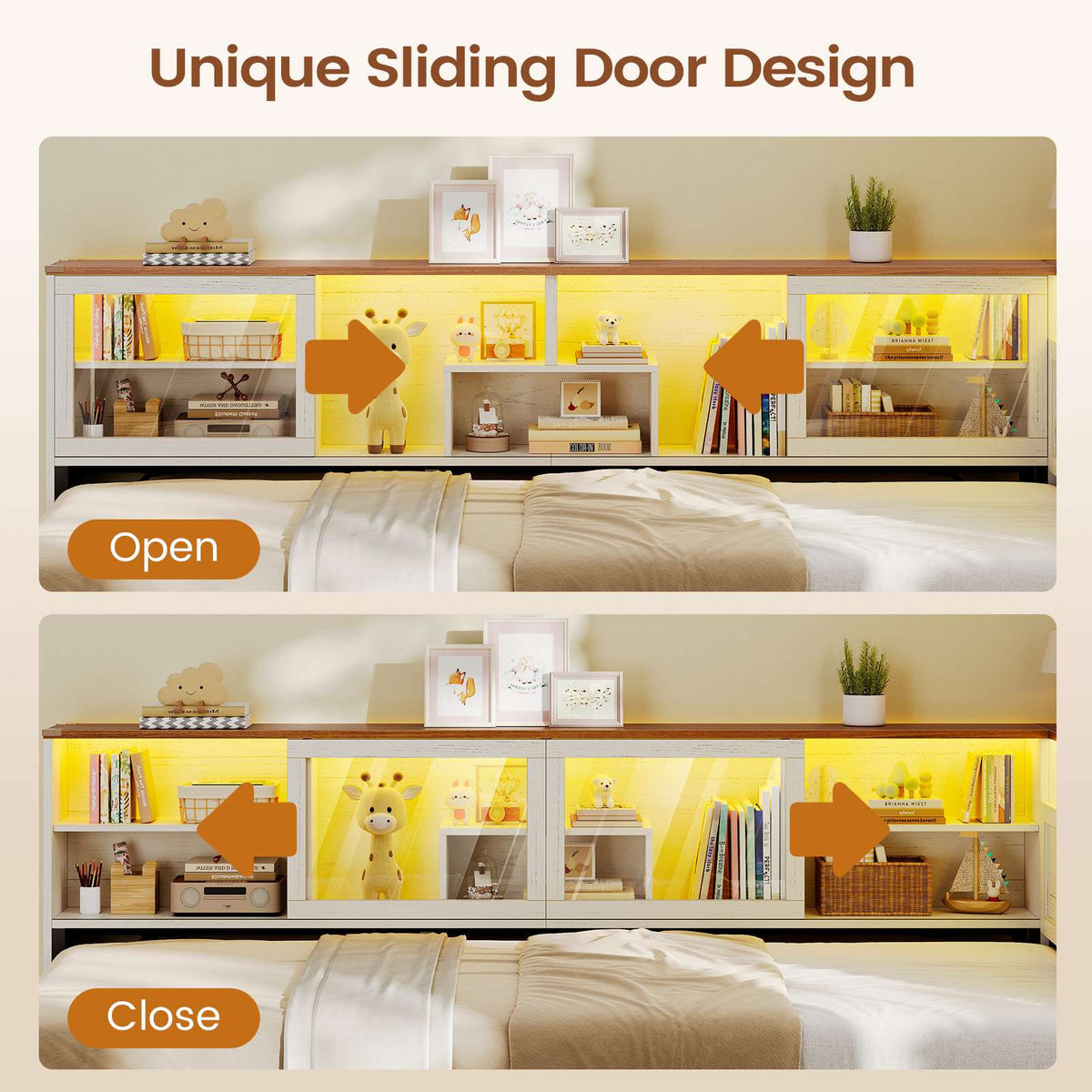 AOGLLATI Twin Corner Bed Frame with 3 Storage Drawers and Acrylic Sliding Door LED Daybed with 2 Tier Side Bookshelves and Hidden Headboard and Charging Station