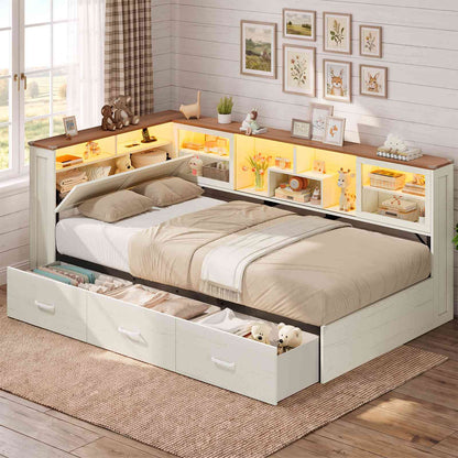 AOGLLATI Twin Corner Bed Frame with 3 Storage Drawers and Acrylic Sliding Door LED Daybed with 2 Tier Side Bookshelves and Hidden Headboard and Charging Station