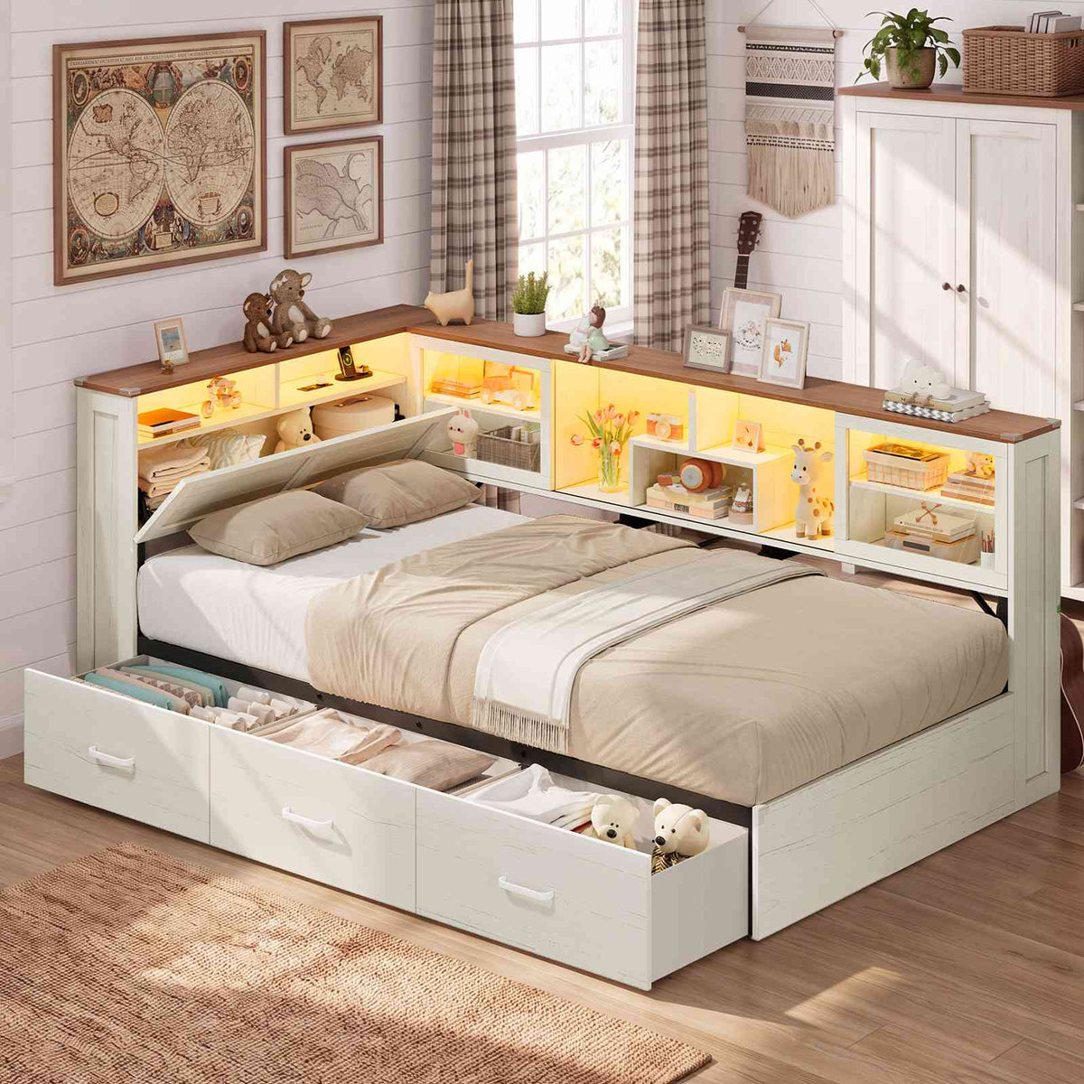 AOGLLATI Twin Corner Bed Frame with 3 Storage Drawers and Acrylic Sliding Door LED Daybed with 2 Tier Side Bookshelves and Hidden Headboard and Charging Station