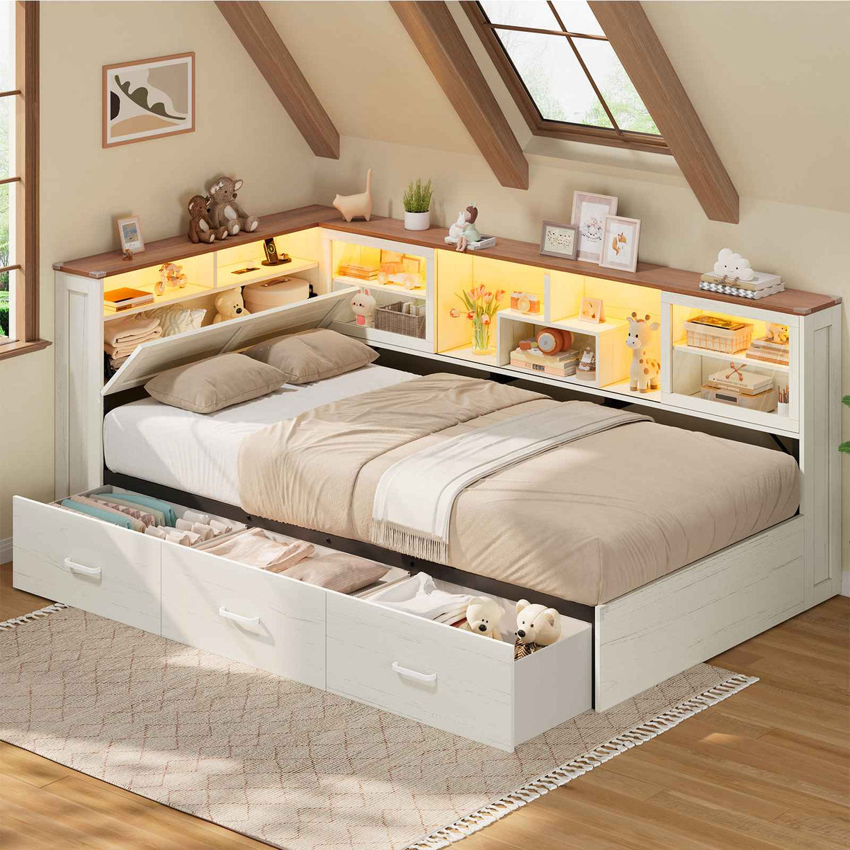 AOGLLATI Twin Corner Bed Frame with 3 Storage Drawers and Acrylic Sliding Door LED Daybed with 2 Tier Side Bookshelves and Hidden Headboard and Charging Station