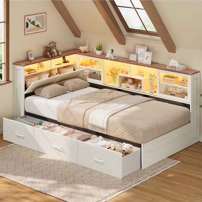 AOGLLATI Twin Corner Bed Frame with 3 Storage Drawers and Acrylic Sliding Door LED Daybed with 2 Tier Side Bookshelves and Hidden Headboard and Charging Station