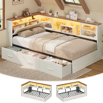AOGLLATI Twin Corner Bed Frame with 3 Storage Drawers and Acrylic Sliding Door LED Daybed with 2 Tier Side Bookshelves and Hidden Headboard and Charging Station
