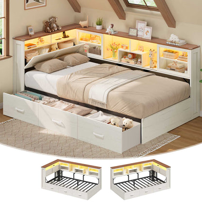 AOGLLATI Twin Corner Bed Frame with 3 Storage Drawers and Acrylic Sliding Door LED Daybed with 2 Tier Side Bookshelves and Hidden Headboard and Charging Station