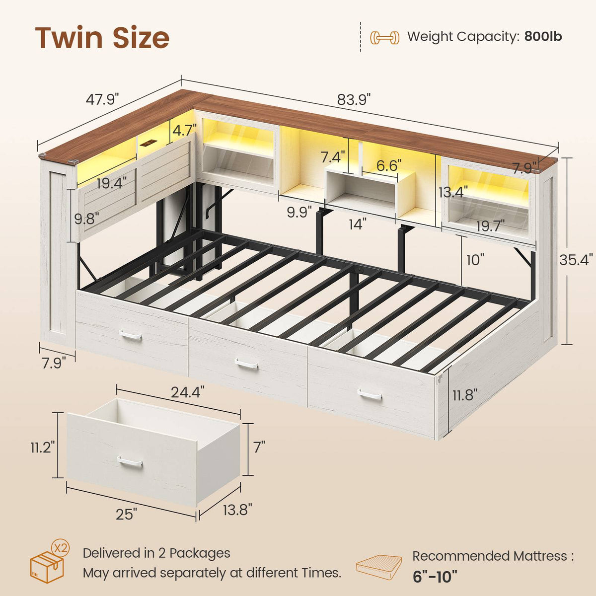 AOGLLATI Twin Corner Bed Frame with 3 Storage Drawers and Acrylic Sliding Door LED Daybed with 2 Tier Side Bookshelves and Hidden Headboard and Charging Station