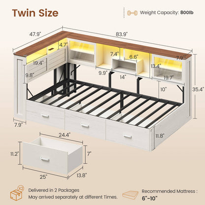 AOGLLATI Twin Corner Bed Frame with 3 Storage Drawers and Acrylic Sliding Door LED Daybed with 2 Tier Side Bookshelves and Hidden Headboard and Charging Station