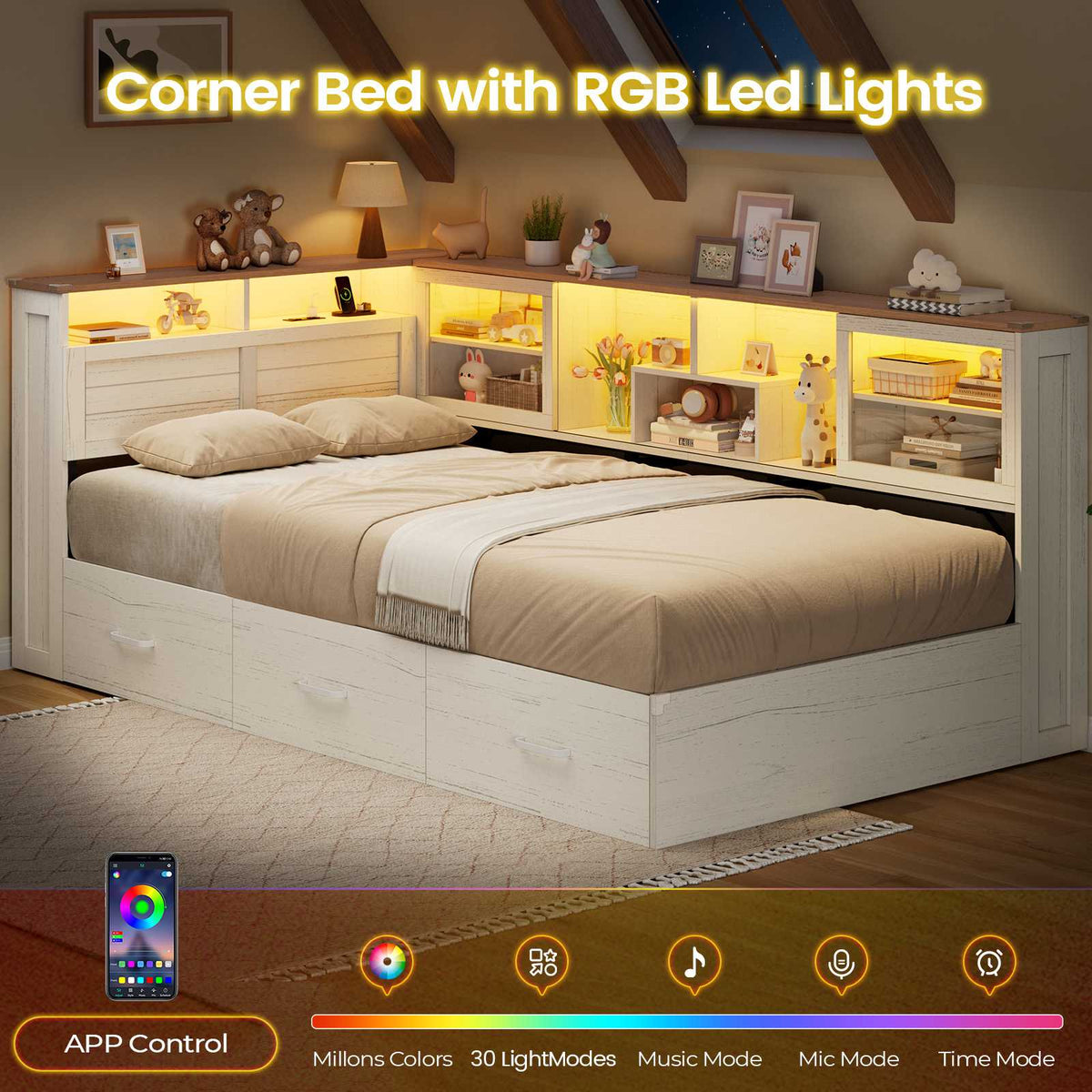 AOGLLATI Twin Corner Bed Frame with 3 Storage Drawers and Acrylic Sliding Door LED Daybed with 2 Tier Side Bookshelves and Hidden Headboard and Charging Station