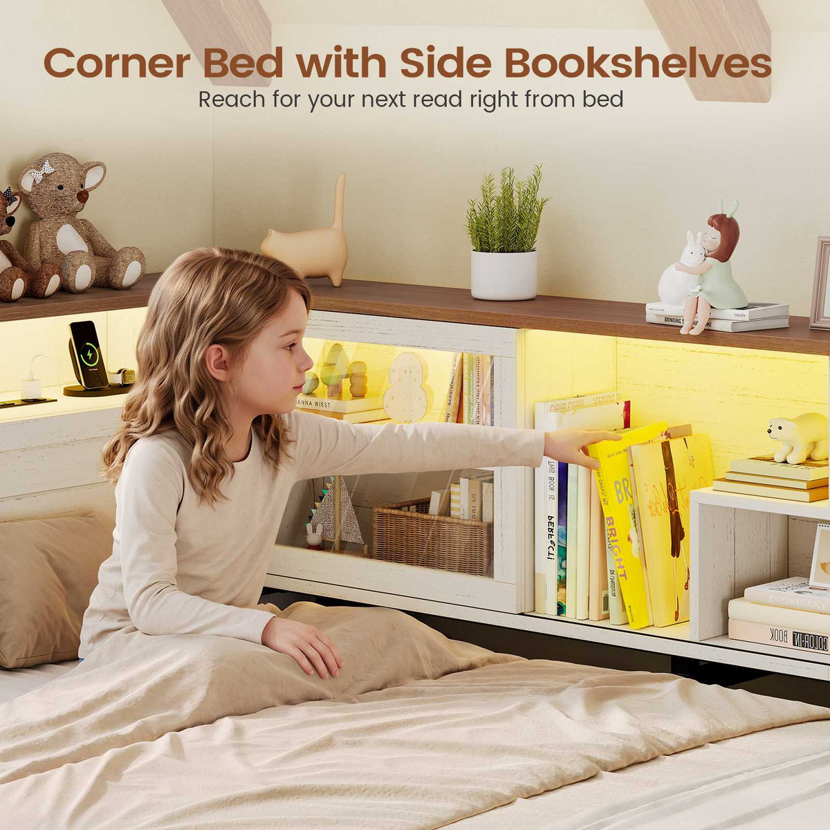 AOGLLATI Twin Corner Bed Frame with 3 Storage Drawers and Acrylic Sliding Door LED Daybed with 2 Tier Side Bookshelves and Hidden Headboard and Charging Station
