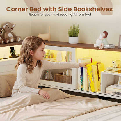 AOGLLATI Twin Corner Bed Frame with 3 Storage Drawers and Acrylic Sliding Door LED Daybed with 2 Tier Side Bookshelves and Hidden Headboard and Charging Station