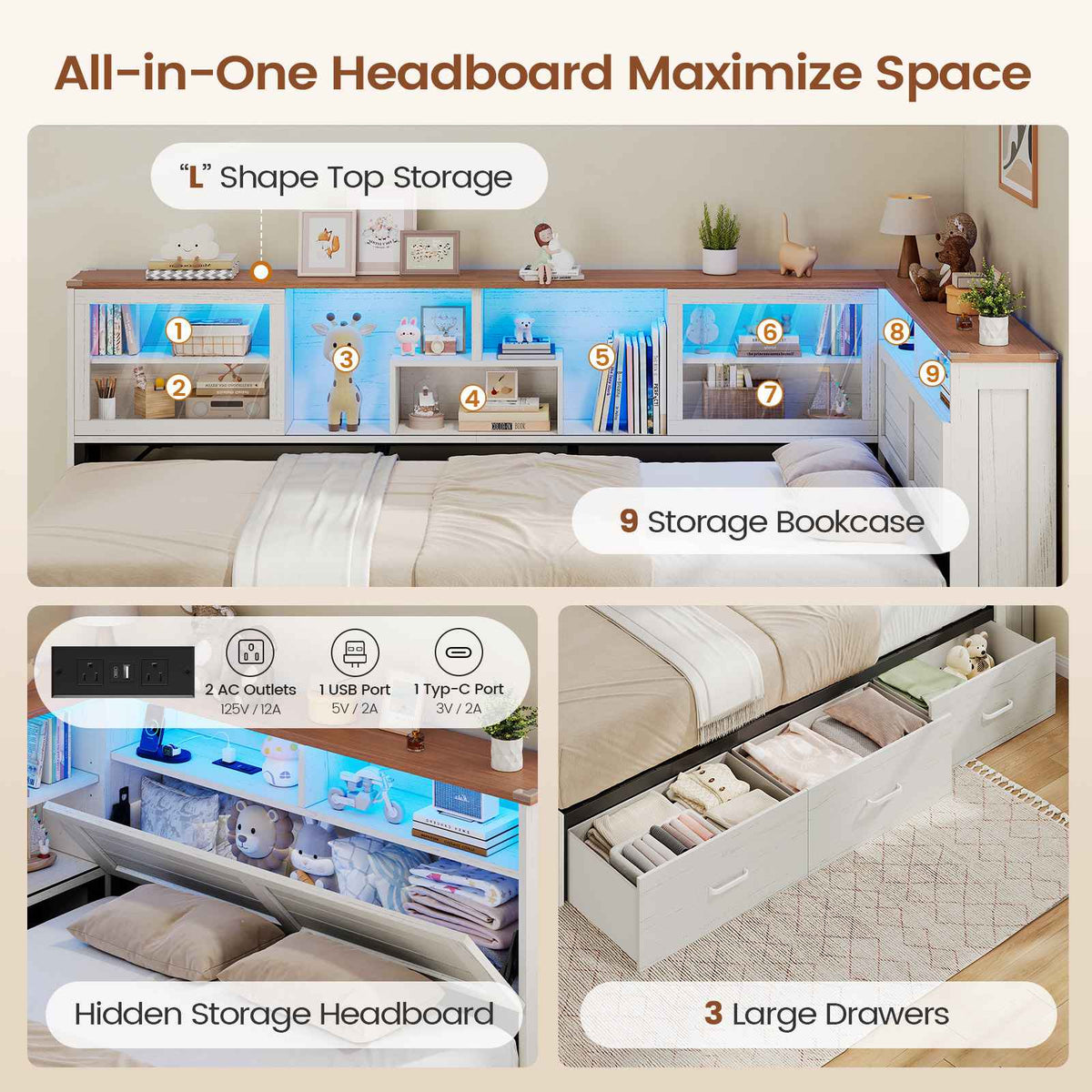 AOGLLATI Twin Corner Bed Frame with 3 Storage Drawers and Acrylic Sliding Door LED Daybed with 2 Tier Side Bookshelves and Hidden Headboard and Charging Station