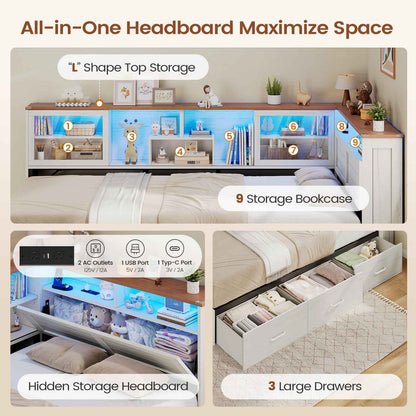 AOGLLATI Twin Corner Bed Frame with 3 Storage Drawers and Acrylic Sliding Door LED Daybed with 2 Tier Side Bookshelves and Hidden Headboard and Charging Station