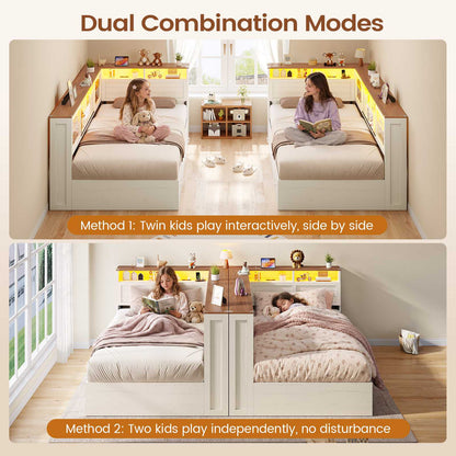 AOGLLATI Twin Corner Bed Frame with 3 Storage Drawers and Acrylic Sliding Door LED Daybed with 2 Tier Side Bookshelves and Hidden Headboard and Charging Station