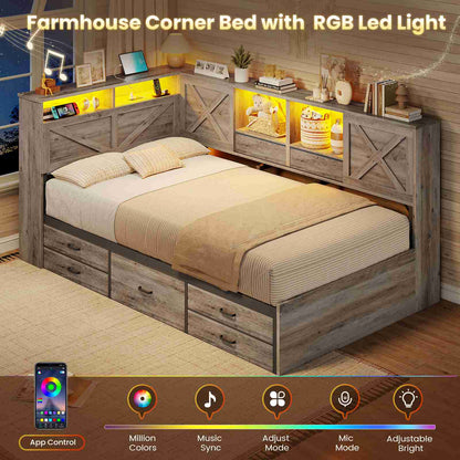 AOGLALTI Farmhouse Twin Corner Bed with 7 Drawers and Sliding Doors LED Daybed with 2 Tier Side Bookshelves and Charging Station and Hidden Headboard