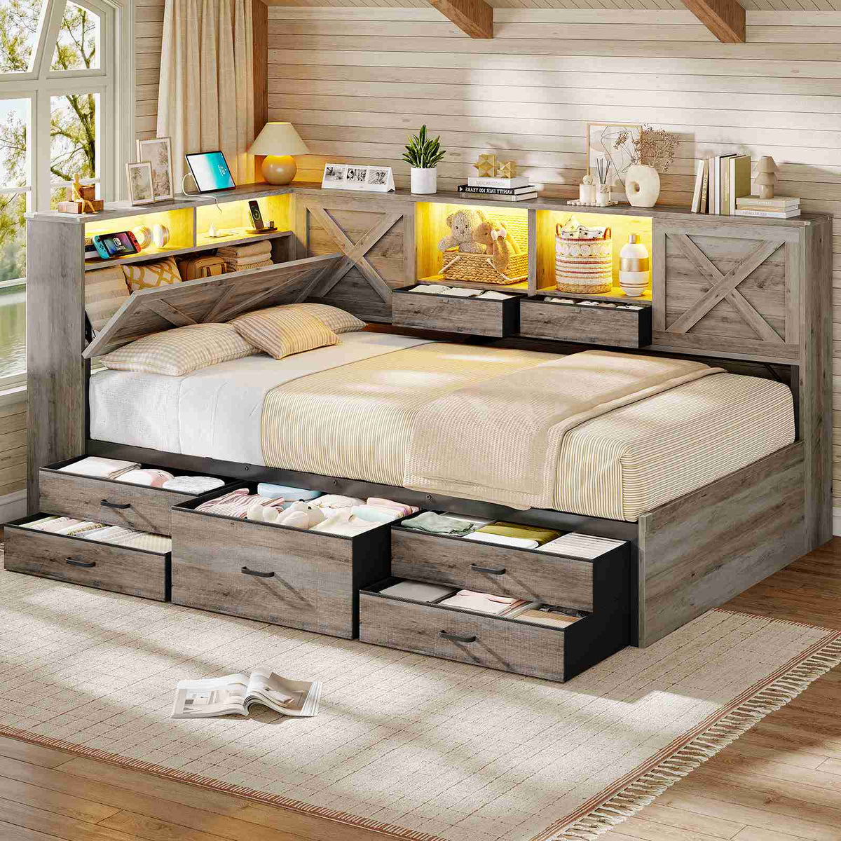 AOGLALTI Farmhouse Twin Corner Bed with 7 Drawers and Sliding Doors LED Daybed with 2 Tier Side Bookshelves and Charging Station and Hidden Headboard