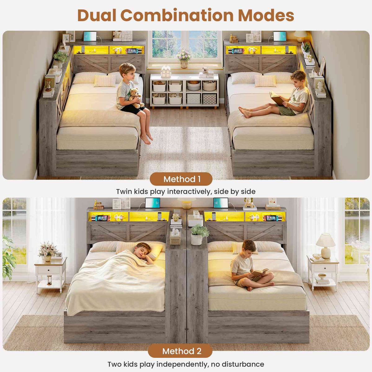 AOGLALTI Farmhouse Twin Corner Bed with 7 Drawers and Sliding Doors LED Daybed with 2 Tier Side Bookshelves and Charging Station and Hidden Headboard