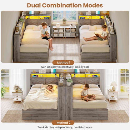 AOGLALTI Farmhouse Twin Corner Bed with 7 Drawers and Sliding Doors LED Daybed with 2 Tier Side Bookshelves and Charging Station and Hidden Headboard