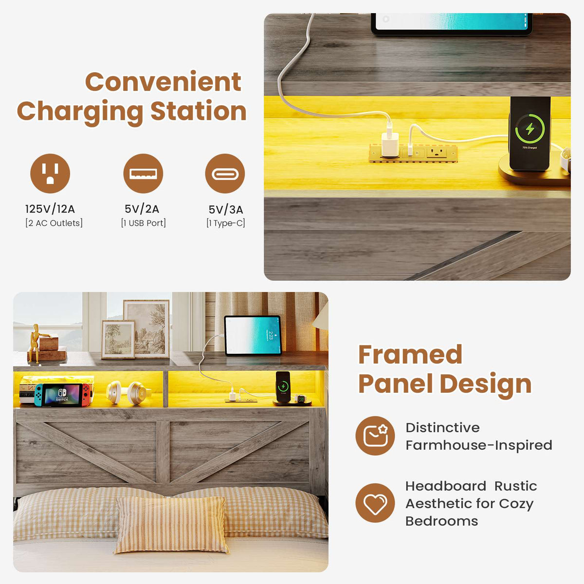 AOGLALTI Farmhouse Twin Corner Bed with 7 Drawers and Sliding Doors LED Daybed with 2 Tier Side Bookshelves and Charging Station and Hidden Headboard