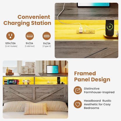 AOGLALTI Farmhouse Twin Corner Bed with 7 Drawers and Sliding Doors LED Daybed with 2 Tier Side Bookshelves and Charging Station and Hidden Headboard