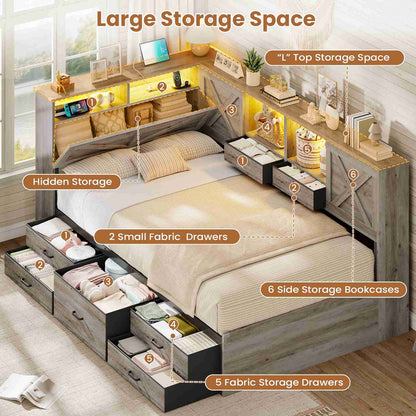 AOGLALTI Farmhouse Twin Corner Bed with 7 Drawers and Sliding Doors LED Daybed with 2 Tier Side Bookshelves and Charging Station and Hidden Headboard