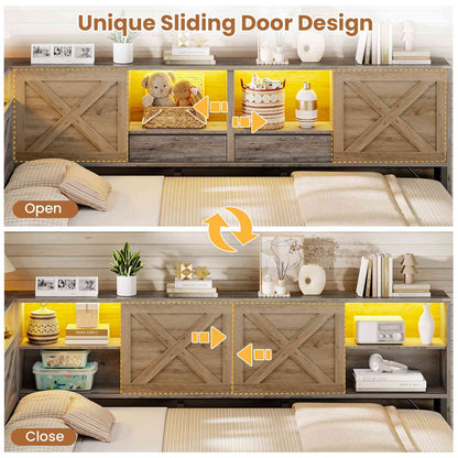 AOGLALTI Farmhouse Twin Corner Bed with 7 Drawers and Sliding Doors LED Daybed with 2 Tier Side Bookshelves and Charging Station and Hidden Headboard