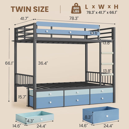AOGLLATI Twin Over Twin Bunk Bed with 6 Storage Drawers and Large Under-Bed Storage Metal Bunk Bed with Playful Slats Design and Safety Guardrail