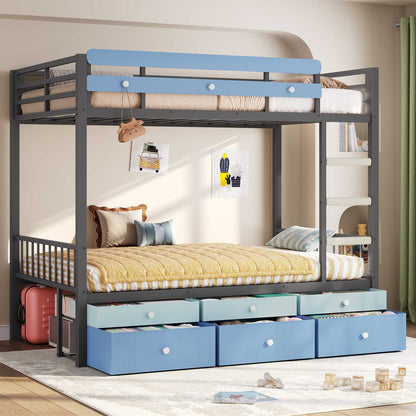 AOGLLATI Twin Over Twin Bunk Bed with 6 Storage Drawers and Large Under-Bed Storage Metal Bunk Bed with Playful Slats Design and Safety Guardrail