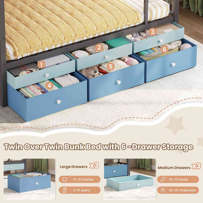AOGLLATI Twin Over Twin Bunk Bed with 6 Storage Drawers and Large Under-Bed Storage Metal Bunk Bed with Playful Slats Design and Safety Guardrail