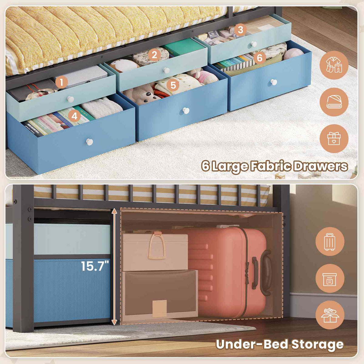 AOGLLATI Twin Over Twin Bunk Bed with 6 Storage Drawers and Large Under-Bed Storage Metal Bunk Bed with Playful Slats Design and Safety Guardrail