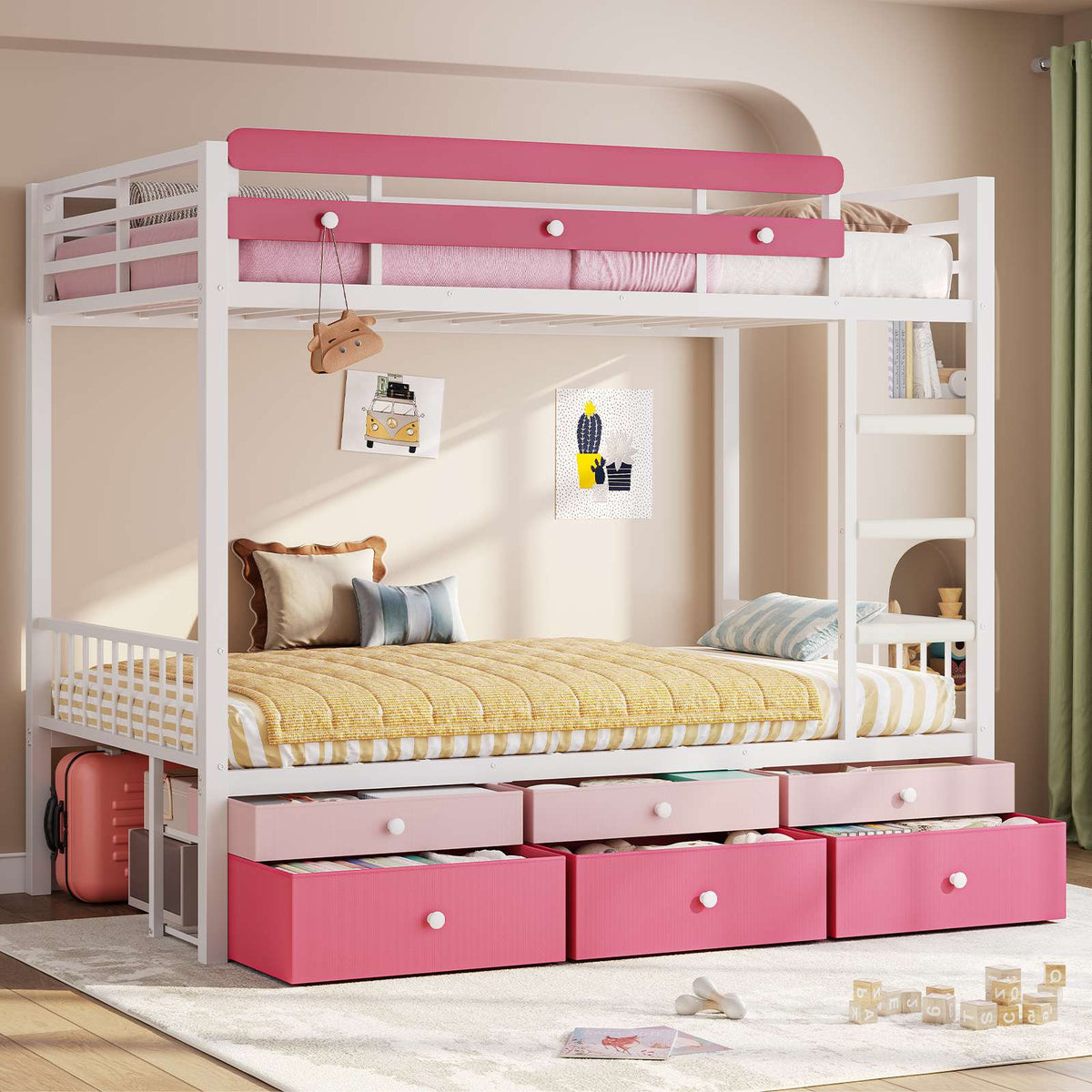 AOGLLATI Twin Over Twin Bunk Bed with 6 Storage Drawers and Large Under-Bed Storage Metal Bunk Bed with Playful Slats Design and Safety Guardrail