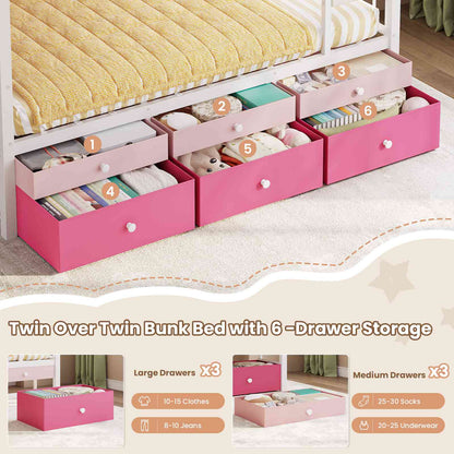 AOGLLATI Twin Over Twin Bunk Bed with 6 Storage Drawers and Large Under-Bed Storage Metal Bunk Bed with Playful Slats Design and Safety Guardrail