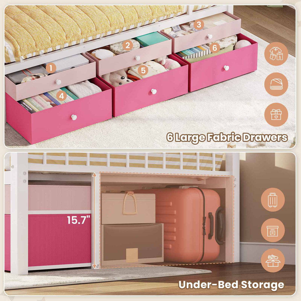 AOGLLATI Twin Over Twin Bunk Bed with 6 Storage Drawers and Large Under-Bed Storage Metal Bunk Bed with Playful Slats Design and Safety Guardrail