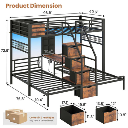 AOGLLATI Triple Bunk Bed with Desk and Stairs and 4 Drawers LED Metal Twin 3 Bunk Bed with Charging Station and Safety Guardrail