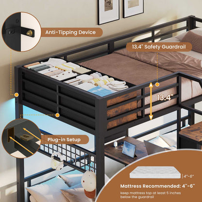 AOGLLATI Triple Bunk Bed with Desk and Stairs and 4 Drawers LED Metal Twin 3 Bunk Bed with Charging Station and Safety Guardrail