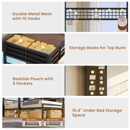 AOGLLATI Triple Bunk Bed with Desk and Stairs and 4 Drawers LED Metal Twin 3 Bunk Bed with Charging Station and Safety Guardrail