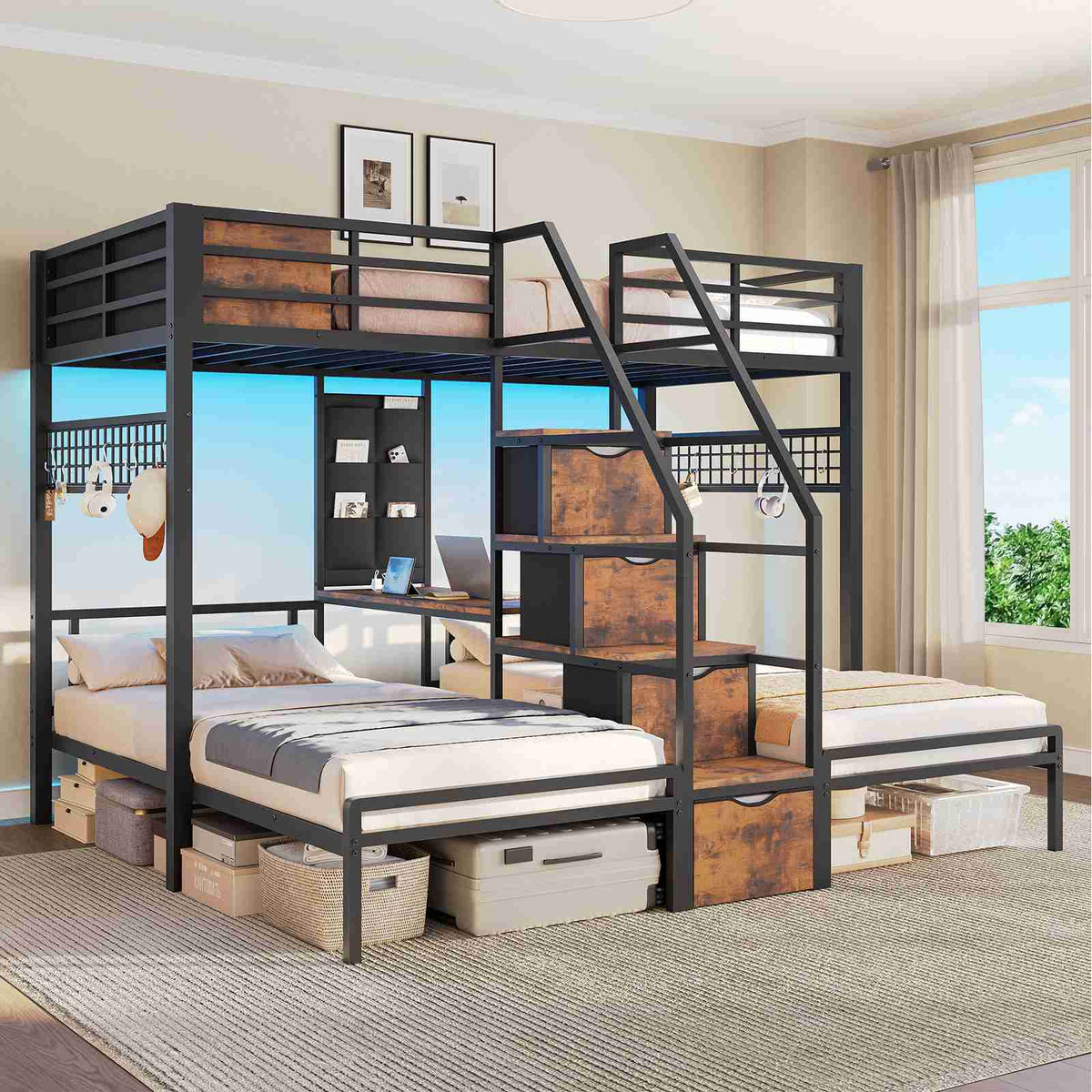 AOGLLATI Triple Bunk Bed with Desk and Stairs and 4 Drawers LED Metal Twin 3 Bunk Bed with Charging Station and Safety Guardrail