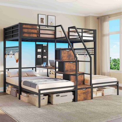 AOGLLATI Triple Bunk Bed with Desk and Stairs and 4 Drawers LED Metal Twin 3 Bunk Bed with Charging Station and Safety Guardrail