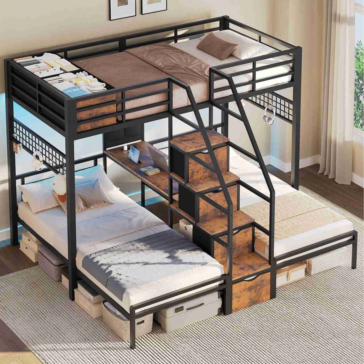 AOGLLATI Triple Bunk Bed with Desk and Stairs and 4 Drawers LED Metal Twin 3 Bunk Bed with Charging Station and Safety Guardrail