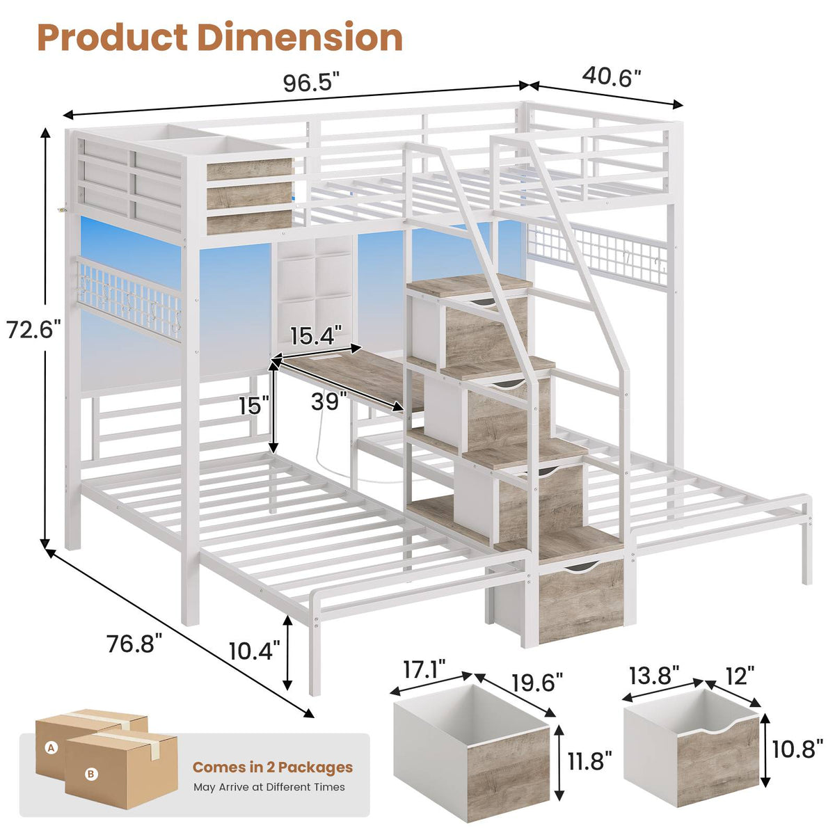 AOGLLATI Triple Bunk Bed with Desk and Stairs and 4 Drawers LED Metal Twin 3 Bunk Bed with Charging Station and Safety Guardrail