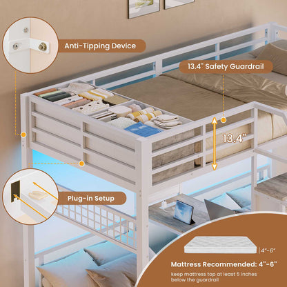 AOGLLATI Triple Bunk Bed with Desk and Stairs and 4 Drawers LED Metal Twin 3 Bunk Bed with Charging Station and Safety Guardrail