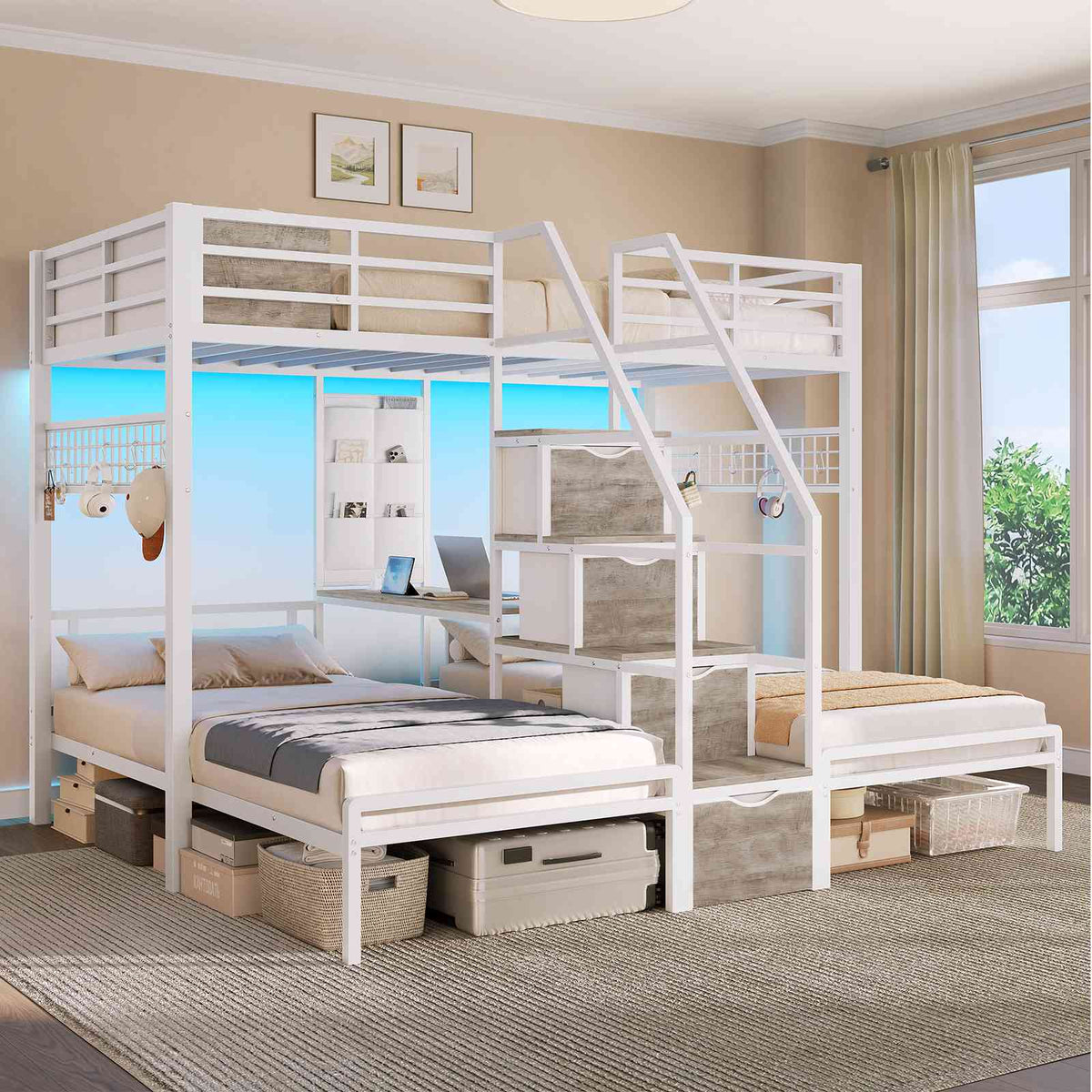 AOGLLATI Triple Bunk Bed with Desk and Stairs and 4 Drawers LED Metal Twin 3 Bunk Bed with Charging Station and Safety Guardrail