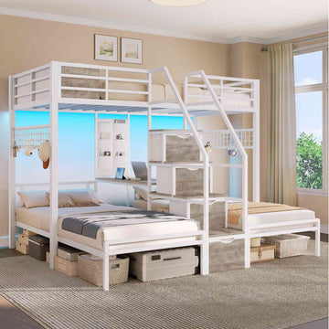 AOGLLATI Triple Bunk Bed with Desk and Stairs and 4 Drawers LED Metal Twin 3 Bunk Bed with Charging Station and Safety Guardrail